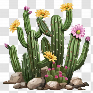 Cactus Plant - Flowering Cactus With Yellow And Pink Blooms Transparent PNG