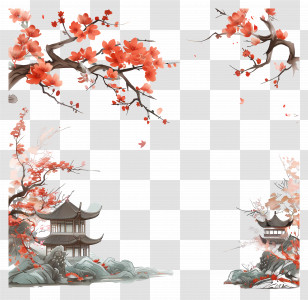 China Background - Traditional Chinese Painting With Cherry Blossoms And Pagoda Transparent PNG
