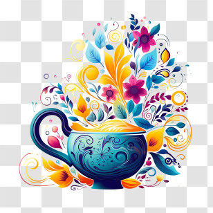 International Tea Day - Colorful Cup With Floral And Leaf Design Transparent PNG