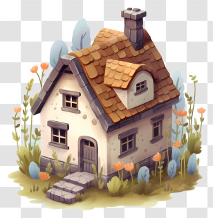 Small House - Cute Cottage House With Garden Flowers Transparent PNG