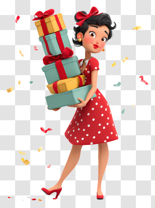 Woman Carrying Multiple Gift Boxes - Retro Woman Carrying Presents Transparent PNG