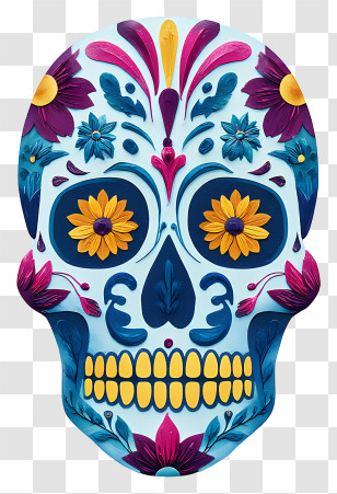 Sugar Skull Face Paint - Colorful Decorative Skull With Flowers Transparent PNG