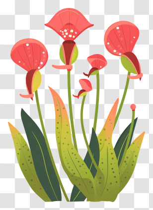 Carnivorous Plant - Red Flowers With Stems And Leaves Transparent PNG