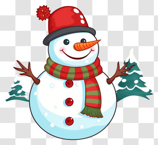 Snowman - Cheerful Snowman With Scarf And Hat Transparent PNG