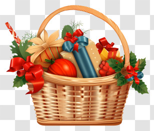 Wicker Basket - Christmas Gift Basket With Ribbons And Decor Transparent PNG