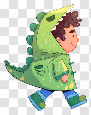 Cartoon Boy - Child In Green Dinosaur Raincoat Transparent PNG