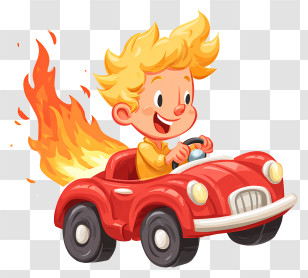 Boy Driving Toy Car - Blonde Boy Driving Red Car With Flames Transparent PNG