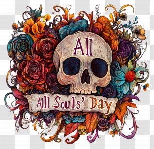 All Souls Day - Decorative Skull With Colorful Flowers Transparent PNG