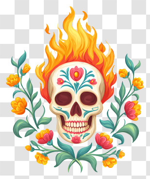 Sugar Skull With Fire - Flaming Skull With Flowers For Day Of The Dead Transparent PNG
