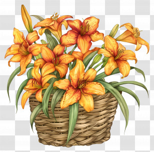 Daylily - Orange Lilies In A Wicker Basket Transparent PNG