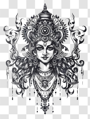 Durga Maa - Intricate Black And White Goddess Artwork Transparent PNG