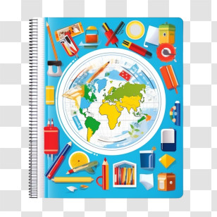 Book Cover Template - Notebook With Global Map And School Tools Transparent PNG