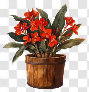 Canna Indica Flower - Potted Red Flowers In Wooden Pot Transparent PNG