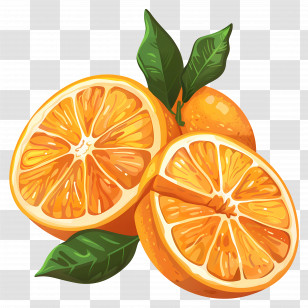 Orange Fruit - Orange Fruit With Slices And Green Leaves Transparent PNG