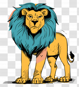 Cartoon Lion - Majestic Lion With Vibrant Blue Mane Transparent PNG