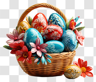 Easter Egg - Decorative Easter Eggs In Festive Basket With Flowers Transparent PNG
