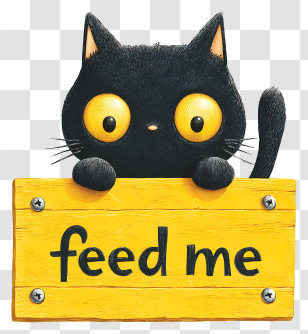 Cat Feed Me - Black Cat Holding 'Feed Me' Sign Transparent PNG