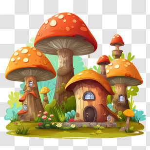 Mushroom House - Cartoon Village Of Mushroom Houses With Orange Roofs Transparent PNG