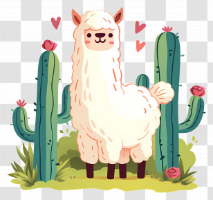 Alpaca Cartoon - Adorable Llama With Cacti Transparent PNG