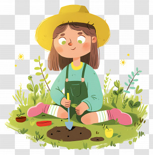 Little Girl Planting Flowers - Girl Gardening With Hat Transparent PNG