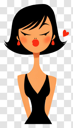 Woman Sending A Kiss - Stylish Cartoon Woman With Black Hair Transparent PNG