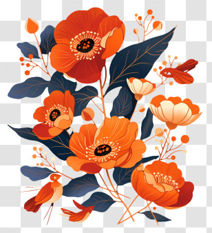 Flower Background - Vibrant Orange Flowers With Birds Transparent PNG