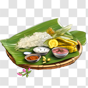 Onam Sadya Food - Traditional Meal On Banana Leaf Transparent PNG