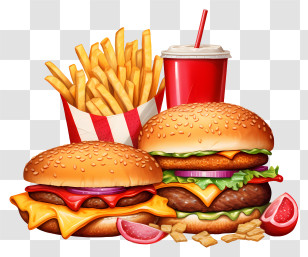 Hamburgers - Appetizing Fast Food Meal With Burgers And Fries Transparent PNG
