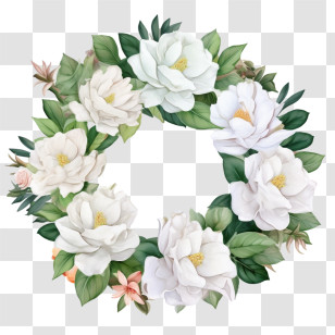 Gardenia Wreath - Elegant White Floral Wreath With Green Leaves Transparent PNG