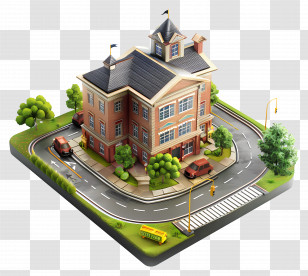 Cartoon School - Miniature City Building On A Small Town Block Transparent PNG