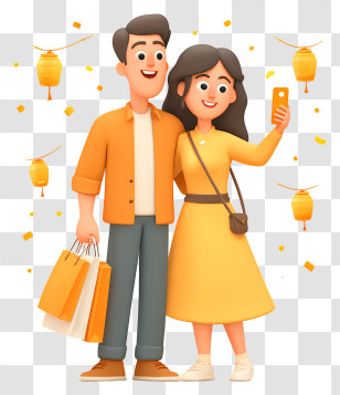 Shopping Couple Taking Selfie - Couple Selfie With Lanterns Transparent PNG
