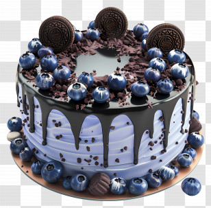 Blueberry Cake - Blueberry And Chocolate Cake With Decorative Cookies Transparent PNG