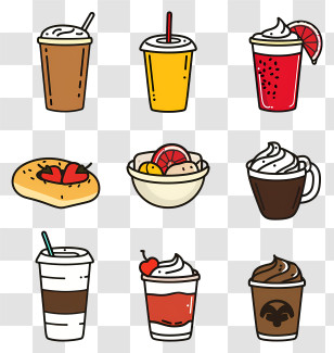Food Drinks - Various Drinks And Snacks In Cartoon Style Transparent PNG