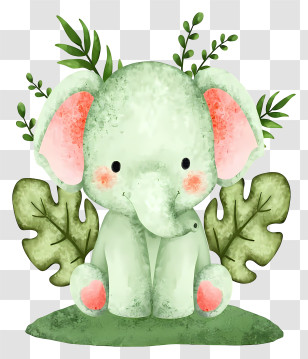 Cute Baby Elephant - Cute Green Elephant With Leaves Transparent PNG