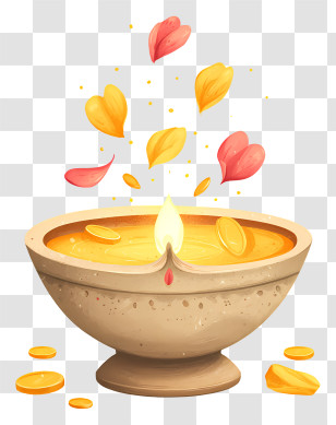 Diya With Flower Petals - Glowing Diya Lamp Illustration Transparent PNG