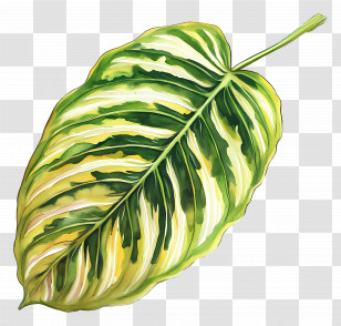 Watercolor Leaf - Green Leaf With Yellow Stripes Transparent PNG