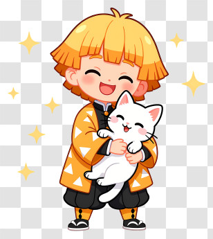 Zenitsu Agatsuma - Blond Chibi Boy Hugging White Cat Transparent PNG