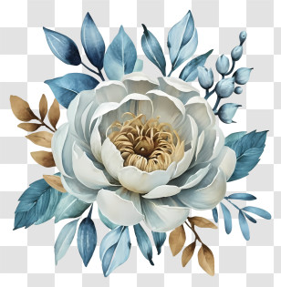 White Peony Painting - Blue And Beige Flowers With Foliage Transparent PNG