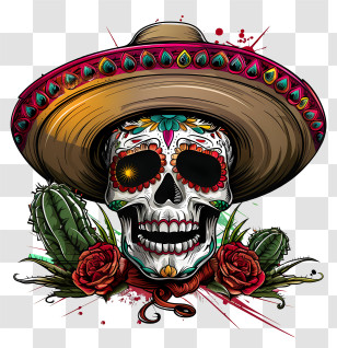 Cinco De Mayo - Sugar Skull With Sombrero And Roses Transparent PNG