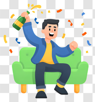Champagne Bursts Out - Happy Guy Celebrating On Sofa Transparent PNG