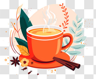 Masala Chai Tea - Steaming Orange Cup Of Tea With Floral Elements Transparent PNG
