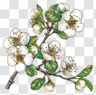 Hawthorn Flower - Branch Of White Cherry Blossoms With Leaves Transparent PNG