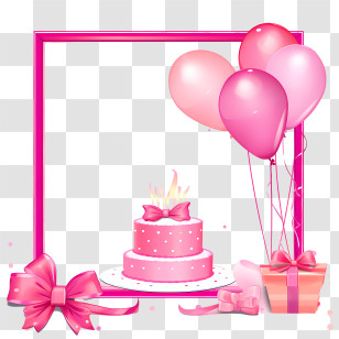 Birthday Frame - Pink Birthday Cake With Balloons And Decorations Transparent PNG