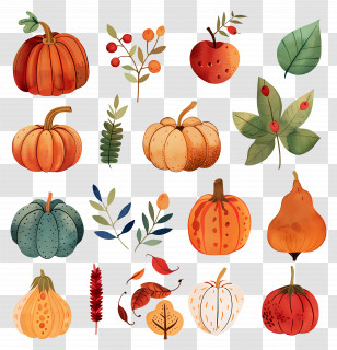 Harvest Season - Watercolor Autumn Harvest With Pumpkins And Gourds Transparent PNG