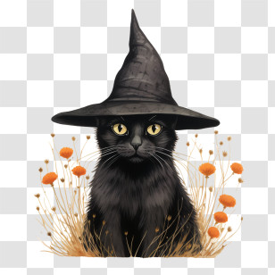 Halloween
 - Black Cat With Witch Hat And Flowers Illustration Transparent PNG