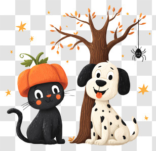 Halloween Dog Cat - Black Cat And Spotted Dog With Pumpkin Hat Transparent PNG