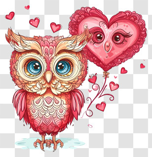 Doodle Valentine Owl - Pink Owl With Heart Balloon Transparent PNG