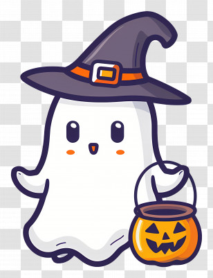 Halloween Ghost - Cute Ghost With Witch Hat And Pumpkin Bucket Transparent PNG