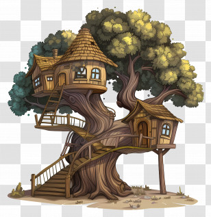 Tree House - Charming Wooden Treehouse With Stairs Transparent PNG