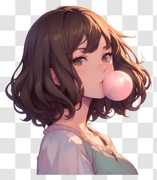 Anime Girl Blowing Bubble Gum - Girl With Bubble Gum And Brown Hair Transparent PNG